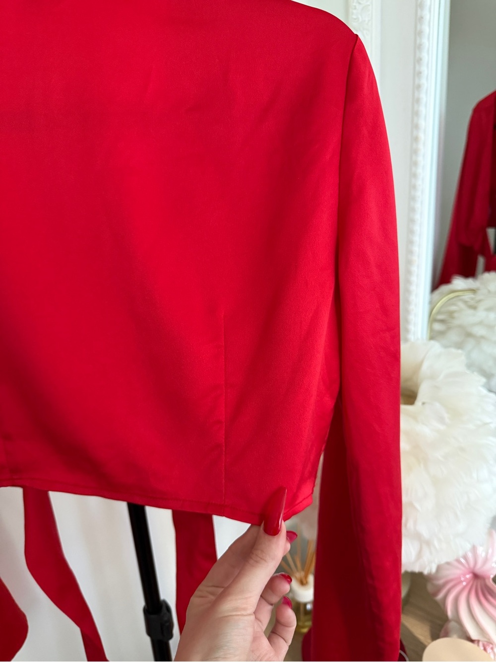 Dynamite Red Satin Tie Front Bell Sleeve Crop Top - Picture 10 of 11